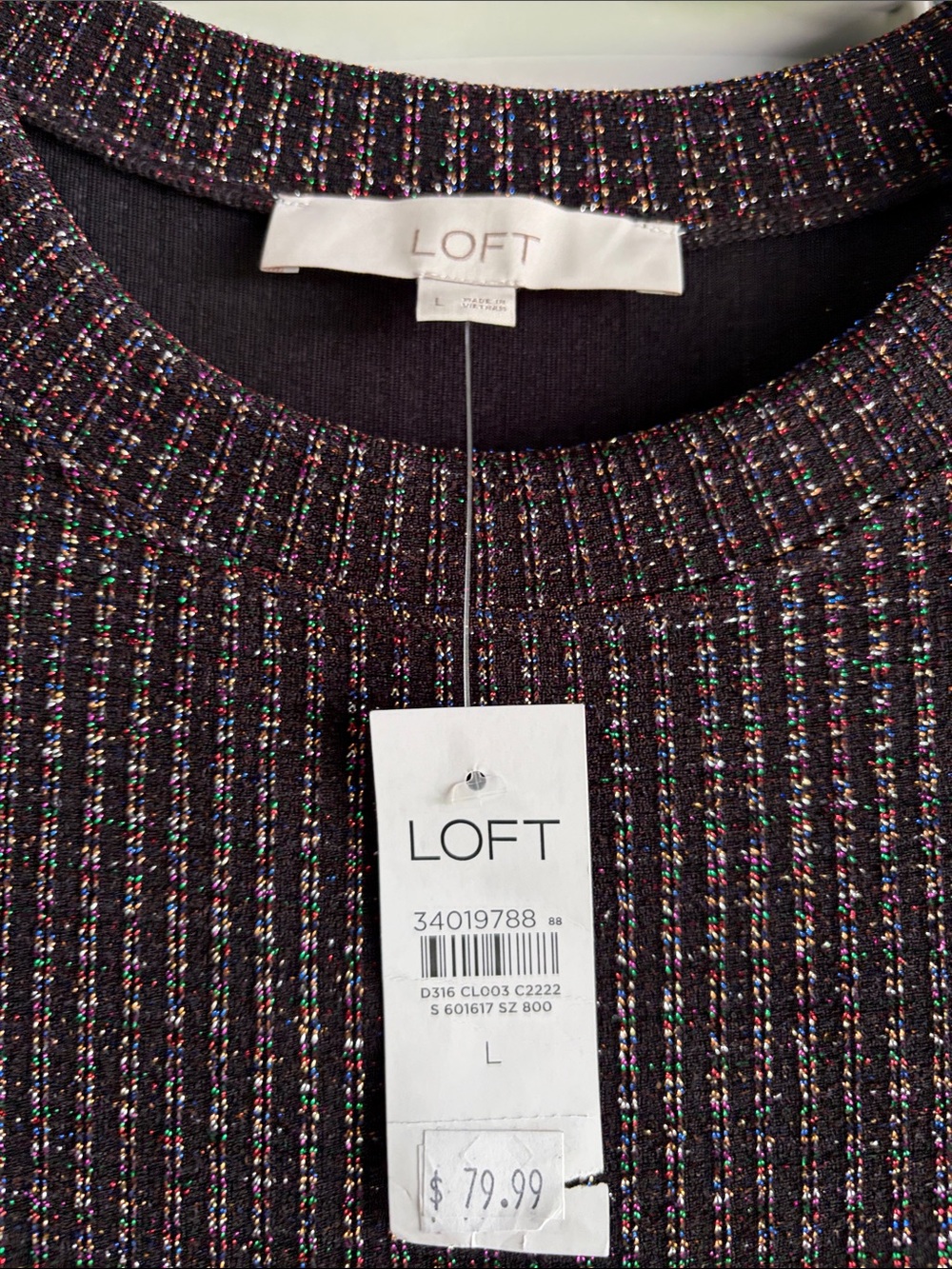 NWT LOFT BLACK MULTICOLOR LONG SLEEVE SIDE SLIT SHIMMER DRESS - Size Large - Picture 2 of 4